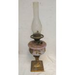 GILT METAL PARAFFIN LAMP WITH PINK FLORAL DECORATION RESERVOIR