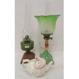 CLEAR RESERVOIR PARAFFIN LAMP ON METAL BASE WITH ETCHED GREEN GLASS SHADE,