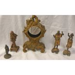 GILT METAL CLOCK BODY AND 4 METAL FIGURES