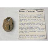 GUNPOWDER PROOF PADLOCK, SEVERAL MARKINGS,