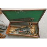 MAHOGANY TOOL BOX WITH BRASS HANDLES & EXCELLENT SELECTION OF TOOLS