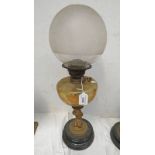 PARAFFIN LAMP WITH GILT AND GREEN RESERVOIR ON GILT COLUMN STYLED AS A CLASSICAL FIGURE WITH A