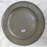 PEWTER DISH MARKED "LONDON MM" TO BASE ALONG WITH FLOWER AND OTHER MARKINGS