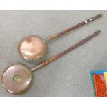 TWO COPPER BODIED WOODEN HANDLED BED WARMING PANS