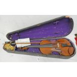 VIOLIN WITH 2 PIECE BACK WITH BOW IN CASE Condition Report: 35.