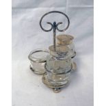 2 SILVER TOPPED CRUETS IN SILVER STAND,