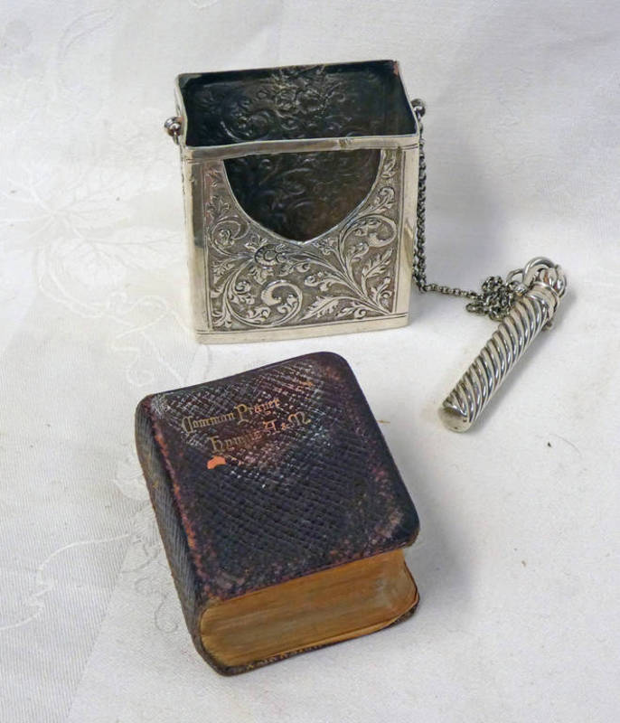 INDIAN SILVER PRAYER BOOK COVER WITH FOLIATE DECORATION & ASSOCIATED EXTENDING PENCIL MARKED S