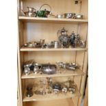 LARGE SELECTION OF SILVER PLATED WARE INCLUDING SPIRIT KETTLE, VICTORIAN 4 PIECE TEASET, VASES,