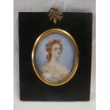 FRAMED PORTRAIT MINIATURE OF A YOUNG LADY IN A WHITE DRESS WITH A BLUE RIBBON IN HER HAIR - 6.6 X 5.