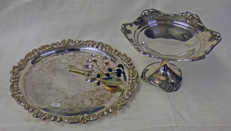 SILVER PLATED SALVER WITH DECORATIVE BORDER, SILVER PLATED COMPORT,