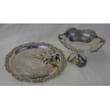 SILVER PLATED SALVER WITH DECORATIVE BORDER, SILVER PLATED COMPORT,