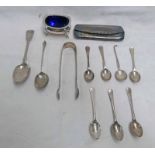 PAIR SILVER SUGAR TONGS, SILVER SALT, SET 6 SILVER SPOONS, 2 OTHER SILVER SPOONS, SILVER TEASPOON,