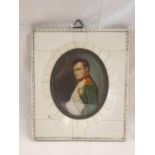 BONE FRAMED PORTRAIT MINIATURE OF NAPOLEON, INDISTINCTLY SIGNED - 8 X 6.