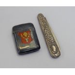 SILVER VESTA CASE WITH ENAMEL CREST TO FRONT & APPLE KNIFE WITH 800 SILVER BLADE