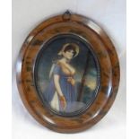 FRAMED PORTRAIT MINIATURE OF LADY IN A BLUE DRESS, INDISTINCTLY SIGNED - 8 X 6.