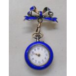 ENAMELLED FOB WATCH WITH RIBBON BOW BROOCH,