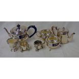 2 SILVER PLATED SALT DISHES, 3 PIECE SILVER PLATED TEASET,