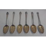 SET OF 6 GEORGE III SILVER TABLESPOONS WITH FOLIATE EMBOSSED & GILT DECORATION,