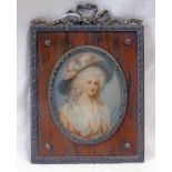 FRAMED PORTRAIT MINIATURE OF LADY IN PINK DRESS, INDISTINCTLY SIGNED - 8 X 6.