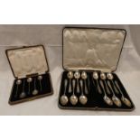 CASED SET OF 12 SILVER TEASPOONS & MATCHING SUGAR TONGS & CASED SET OF 5 SILVER COFFEE BEAN SPOONS