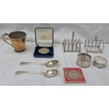 2 SILVER TOAST RACKS, PAIR SILVER SPOONS, SILVER ENGRAVED CUP,