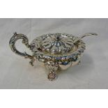 WILLIAM IV SILVER CIRCULAR MUSTARD POT WITH SCROLL HANDLE ON 3 DECORATIVE SUPPORTS BY THE BARNARDS,