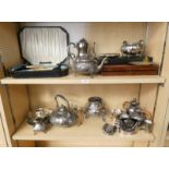 SELECTION OF SILVER PLATED WARE ETC INCLUDING CASED ENAMEL DECORATED DRESSING TABLE SET,