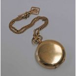 GOLD PLATED POCKET WATCH ON 9CT GOLD CHAIN WITH MASONIC FOB.