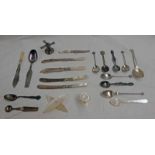 VARIOUS WHITE METAL SPOONS, MOTHER OF PEARL SHUTTLE,