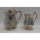 SILVER MUG WITH ENGRAVED DECORATION LONDON 1852 & 1 OTHER WITH RUBBED MARKS 259G