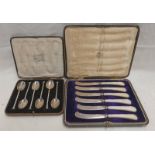 CASED SET SILVER SEAL END COFFEE SPOONS & ONE OTHER STERLING SILVER SPOON AND CASED MOTHER OF PEARL