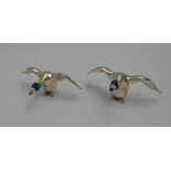 PAIR 925 SILVER & ENAMEL FLYING DUCK ORNAMENTS - 70G