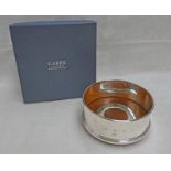 MODERN SILVER WINE COASTER WITH TURNED MAHOGANY BASE BY CARRS,