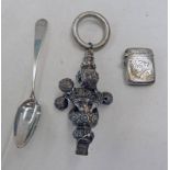 SILVER VESTA CASE, SILVER BABIES RATTLE & SCOTTISH SILVER TEASPOON,