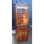 MAHOGANY CORNER CABINET WITH GLAZED PANEL DOOR OVER PANEL DOOR 184 CM TALL