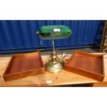 METAL DESK LAMP WITH GREEN GLASS SHADE AND PAIR LETTER TRAYS