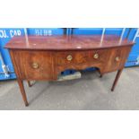 19TH CENTURY BOW FRONT INLAID MAHOGANY SIDEBOARD WITH CENTRAL DRAWER FLANKED BY 2 DEEP DRAWERS WITH
