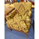 EARLY 20TH CENTURY MAHOGANY OVERSTUFFED SMALL ARMCHAIR ON BALL & CLAW SUPPORTS,