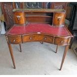 MAHOGANY LADIES DESK WITH SHAPED FRONT & GALLERY TOP WITH 2 SHORT & 1 LONG DRAWER ON SQUARE