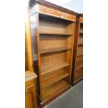 20TH CENTURY INLAID MAHOGANY OPEN BOOKCASE ON PLINTH BASE,