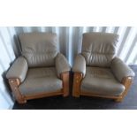 PAIR OAK FRAMED LEATHER ARMCHAIRS