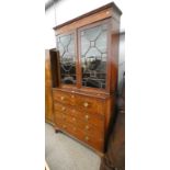 19TH CENTURY INLAID MAHOGANY SECRETAIRE BOOKCASE WITH 2 ASTRAGAL GLASS PANEL DOORS OVER BASE WITH