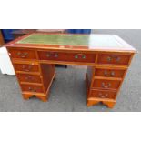 YEW WOOD TWIN PEDESTAL DESK WITH LEATHER INSET TOP & 8 DRAWERS 121 CM LONG