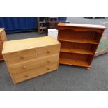 PINE CHEST OF 2 SHORT OVER 2 LONG DRAWERS AND PINE OPEN BOOKCASE