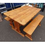 PINE KITCHEN TABLE AND PAIR PINE BENCHES LENGTH OF TABLE 122 CM
