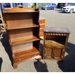 MAHOGANY OPEN BOOKCASE WITH OPEN SHELVES OVER DRAWER & OAK CABINET WITH 2 PANEL DOORS