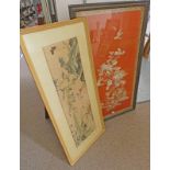ORIENTAL FRAMED SEWN WORK PANEL PICTURE OVERALL SIZE 135 X 74 CM,