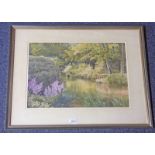 IAN MUNRO RIVER SCENE WITH TREES & FLOWERS SIGNED FRAMED WATERCOLOUR 34 X 50 CM
