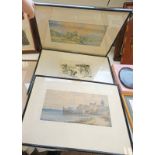 FRAMED WATERCOLOUR COASTAL SCENE AND ONE OTHER FRAMED PICTURE AND FRAMED PICTURE OF A DONKEY