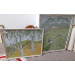 ANNE MCWILLIAM COWS IN MEADOW & TREES IN THE HILLS SIGNED 2 FRAMED OIL PAINTINGS LARGEST 41 X 35 CM